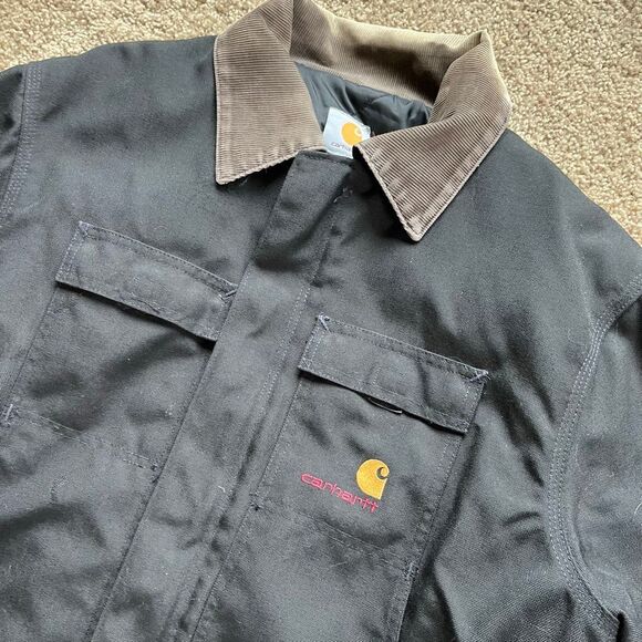 VTG Carhartt C14 Black Workwear Coat L/XL Rugged Faded Nylon, Cord Collar - Picture 2 of 12